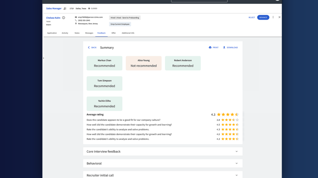 Candidate feedback screen with summary and star rankings